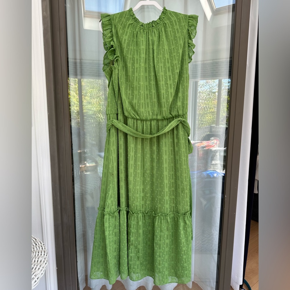 Sleeveless Green Maggy London Midi Dress with Ruffle Accents and Sash